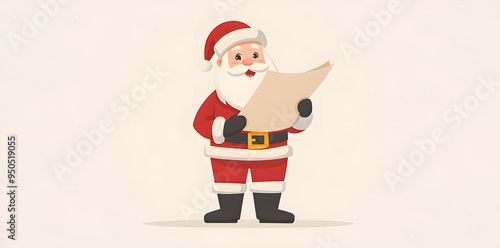 Cartoon illustration of Santa Claus holding empty paper or wish list isolated on white background. Merry Christmas and Happy New Year. 