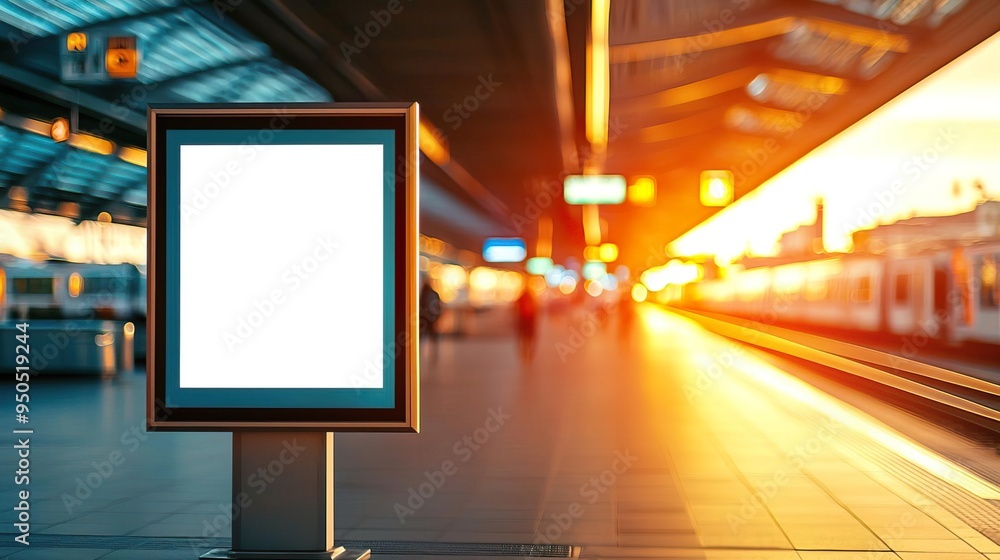A blank advertising board at a train station during sunset, highlighting modern architecture and travel ambiance. A blank advertising board at a train station during sunset, highlighting modern architecture and travel ambiance.
