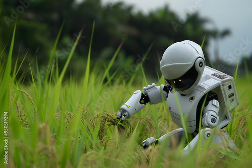 Humanoid Robot Harvesting Rice in Modern Agricultural Field – Advanced Technology in Farming photo