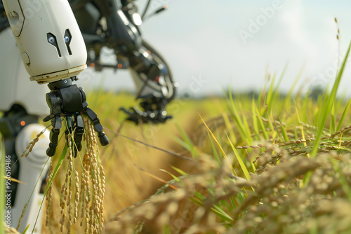 Humanoid Robot Harvesting Rice in Modern Agricultural Field – Advanced Technology in Farming photo