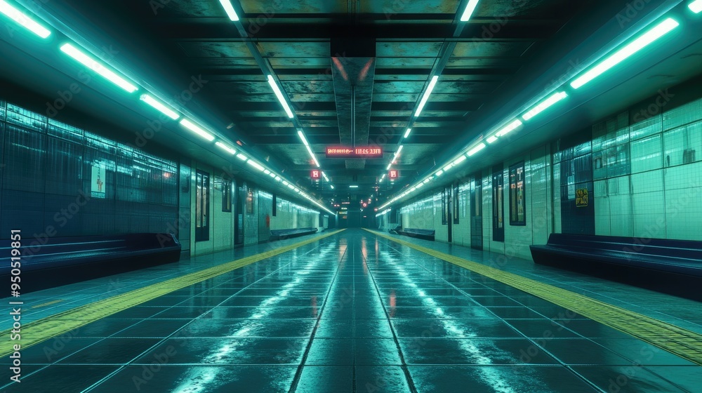 Glowing lights and reflective spaces define this futuristic subway, Glowing lights and reflective spaces define this futuristic subway,