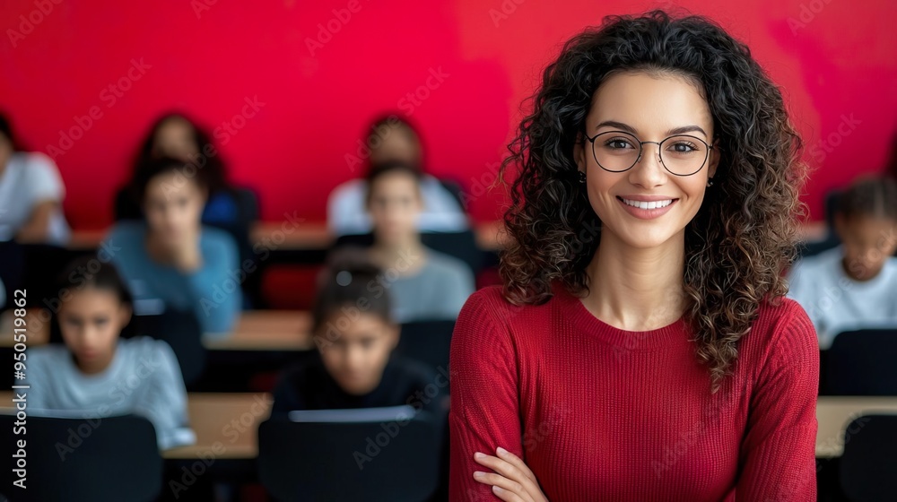 Obraz premium Confident teacher in a classroom setting, smiling at the camera with students engaged in the background ready to learn.