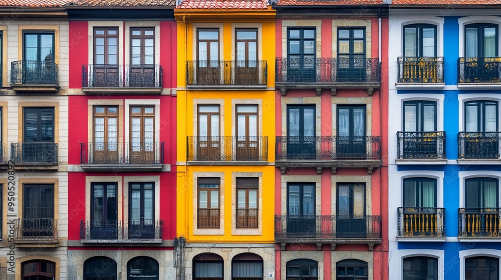 Obraz premium Details of the multi colored facades of the old buildings in Bilbao's Casco Viejo
