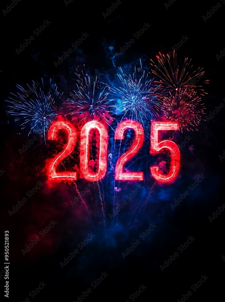 Red 2025 number with firework background. Red 2025 number with firework background.