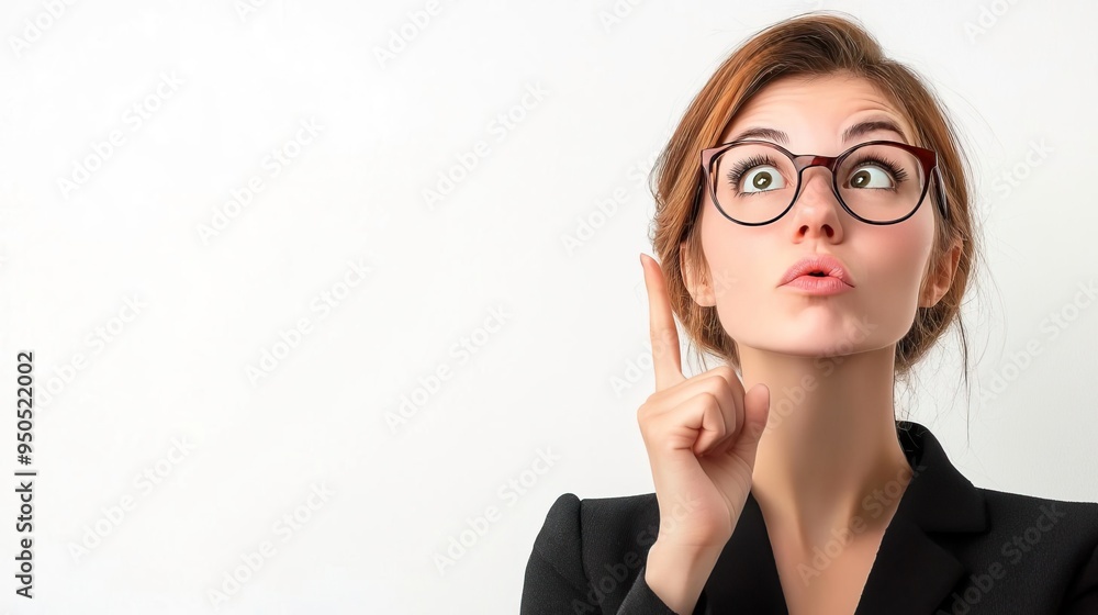 A woman with glasses looks surprised and enthusiastic, raising her finger as if to share an important idea or realization. A woman with glasses looks surprised and enthusiastic, raising her finger as if to share an important idea or realization.
