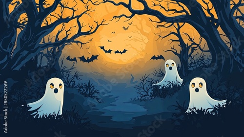 Two ghosts float in a dark, twisted forest beneath a glowing yellow moon, with bats flying in the background. The atmospheric image evokes a sense of mystery and Halloween spirit. photo