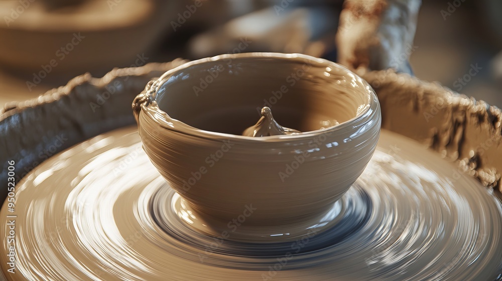 Using a spinning wheel to shape clay into various forms, creating unique and intricate pieces of pottery. The process involves centering the clay on the wheel and using tools to manipulate Using a spinning wheel to shape clay into various forms, creating unique and intricate pieces of pottery. The process involves centering the clay on the wheel and using tools to manipulate