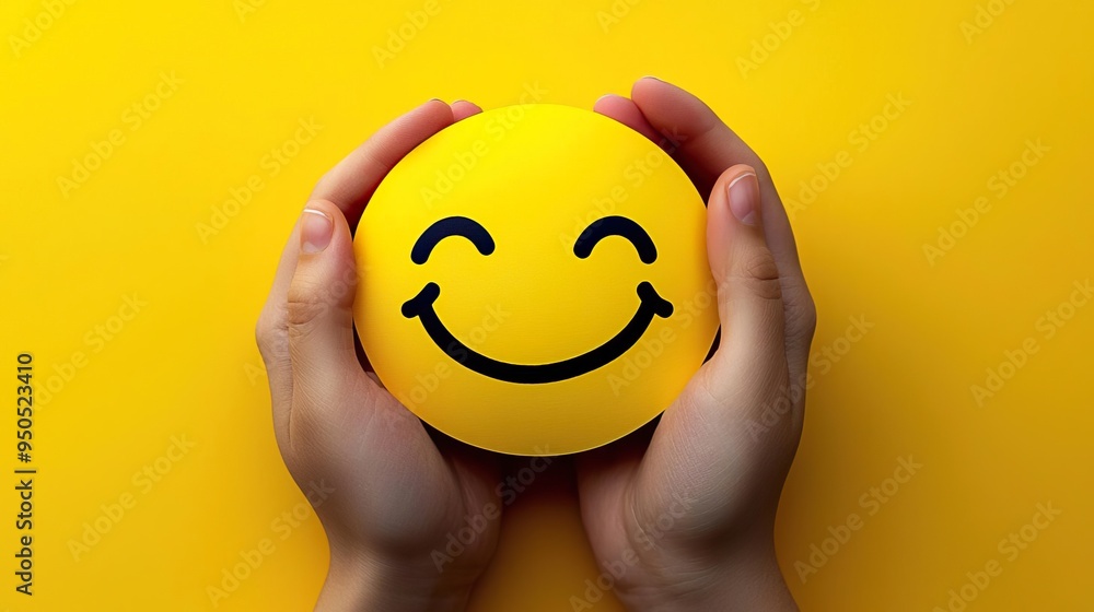 A cheerful yellow smiley face held in hands, symbolizing happiness and positivity against a bright yellow background.