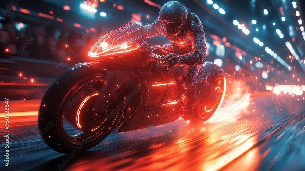 futuristic cyborg jockey racing hoverunicorn in neonlit virtual arena holographic crowd cheering in zerogravity stands futuristic cyborg jockey racing hoverunicorn in neonlit virtual arena holographic crowd cheering in zerogravity stands