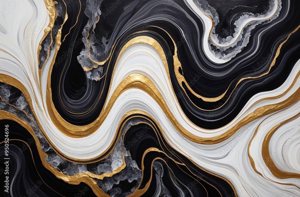 Black white gold fluid waves. Mixing liquid paint effect. Abstract acrylic background with golden veins. Relief marble surface backdrop. Epoxy art texture. Design for wallpaper, interior poster. Black white gold fluid waves. Mixing liquid paint effect. Abstract acrylic background with golden veins. Relief marble surface backdrop. Epoxy art texture. Design for wallpaper, interior poster.