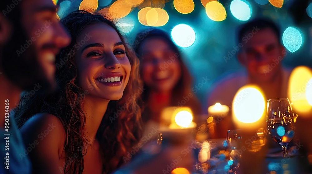 A joyful gathering of friends enjoying a candlelit dinner filled with laughter and warm ambiance. A joyful gathering of friends enjoying a candlelit dinner filled with laughter and warm ambiance.
