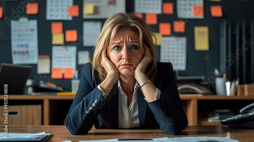 Stressed businesswoman sits at desk, looking overwhelmed by work and deadlines in a cluttered office environment.