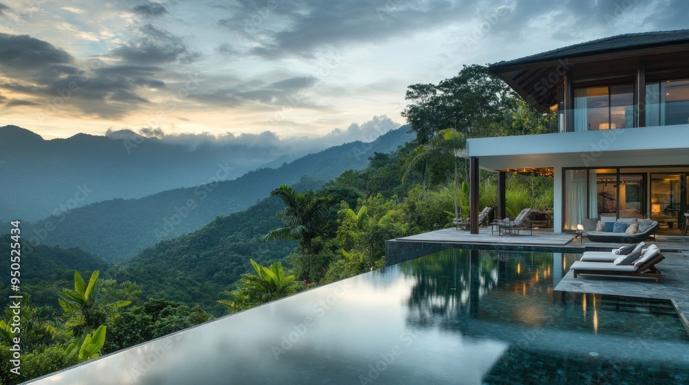 Fototapeta premium Modern Villa with Infinity Pool Overlooking a Mountain Range