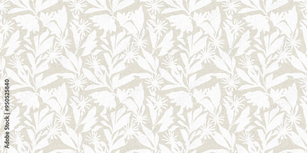 Seamless french gender neutral floral linen printed fabric border background. Light mottled white on grey cottage core block print pattern. Shabby chic woven duotone cloth effect. Seamless french gender neutral floral linen printed fabric border background. Light mottled white on grey cottage core block print pattern. Shabby chic woven duotone cloth effect.