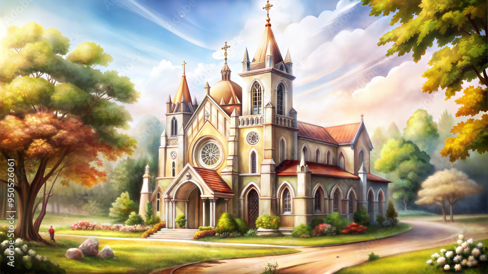 Colorful illustration of a church building in a serene forest setting with trees and flowers Colorful illustration of a church building in a serene forest setting with trees and flowers