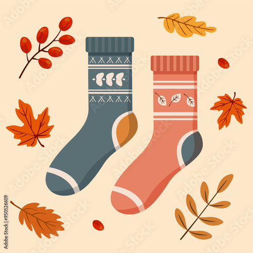 Cotton and wool socks in the arms of autumn leaves Vector autumn illustration on light background Postcard in autumn style.  