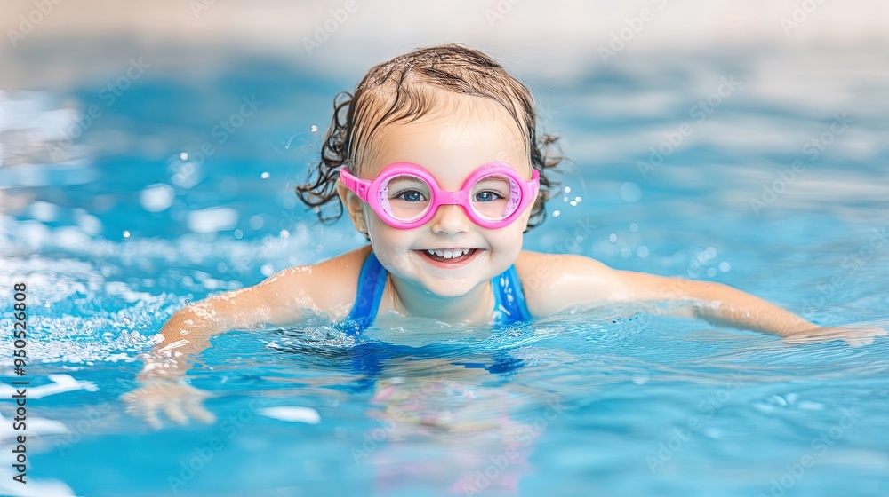 Naklejka premium A joyful girl dives into a sparkling blue pool, capturing the essence of summer play with friends in vibrant outdoor fun