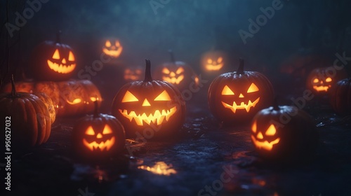 Wallpaper Mural Spooky Jack-O-Lanterns in Dark Halloween Scene. AI generated illustration Torontodigital.ca