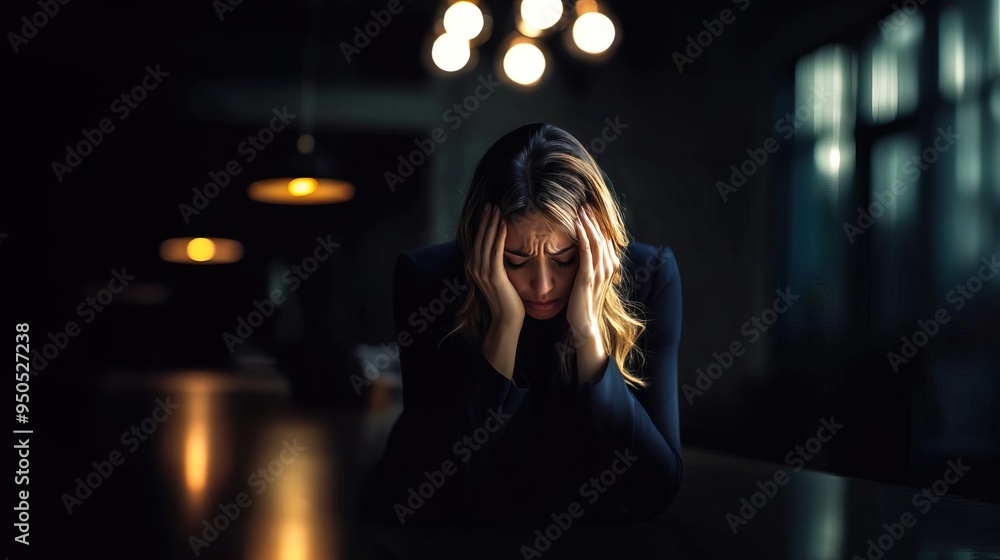A woman in a dark room expresses deep contemplation, highlighting feelings of stress and isolation under soft, ambient light. A woman in a dark room expresses deep contemplation, highlighting feelings of stress and isolation under soft, ambient light.