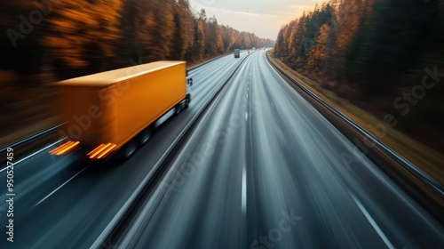 A yellow truck is captured driving swiftly down an empty highway surrounded by trees with autumn foliage, representing freedom and swift transportation through open roads. photo