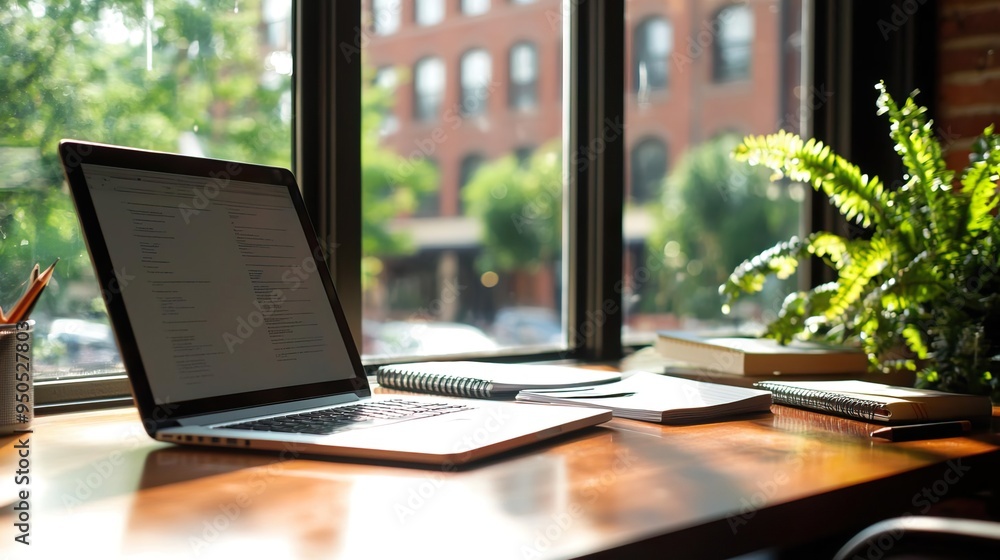 A serene workspace featuring a laptop, plants, and soft natural light streaming through a window, perfect for inspiration. A serene workspace featuring a laptop, plants, and soft natural light streaming through a window, perfect for inspiration.