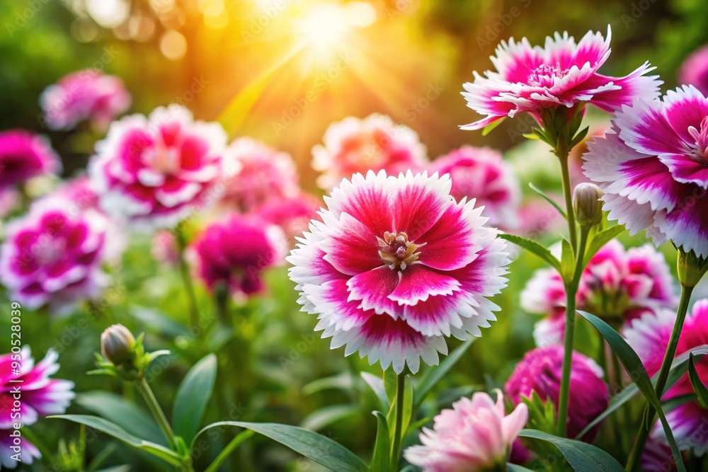 Vibrant pink and white clavel flor flowers bloom in a lush garden, surrounded by lush greenery, with delicate petals and golden centers shining in sunlight. Vibrant pink and white clavel flor flowers bloom in a lush garden, surrounded by lush greenery, with delicate petals and golden centers shining in sunlight.