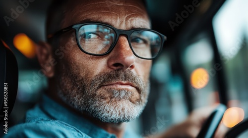 Image shows a driver wearing glasses, attentively handling a vehicle with a blurred urban background, highlighting the concentration and focus involved in driving.