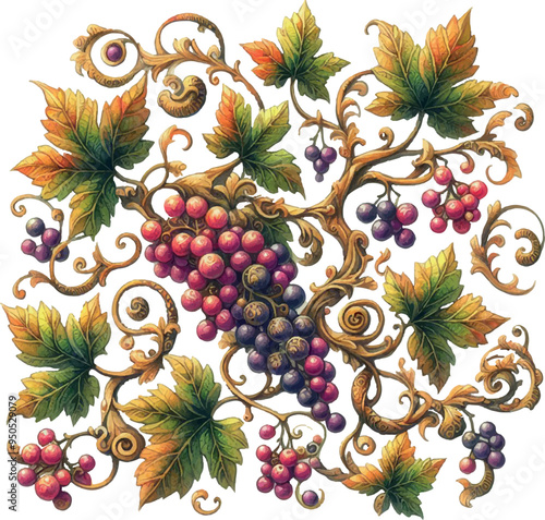 Decorated Bunch of Grapes – Watercolor Illustration on White Background for Design