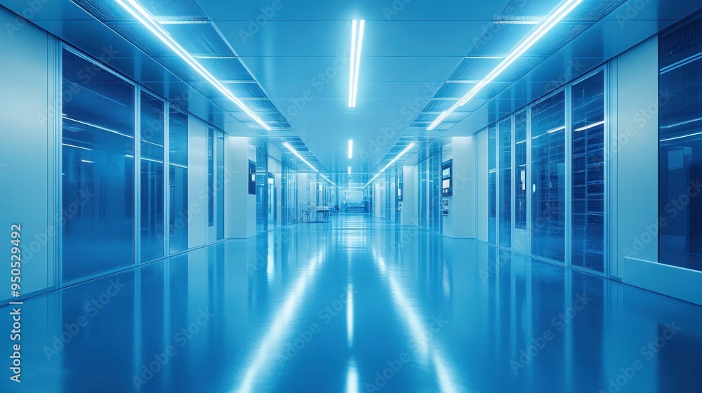 Blue Illuminated Corridor in a Modern Building Blue Illuminated Corridor in a Modern Building