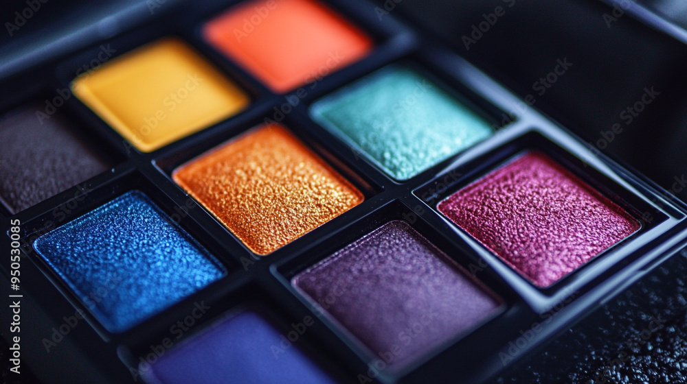 Vibrant eyeshadow palette with nine rich colors arranged in a grid pattern on a dark surface during daylight Vibrant eyeshadow palette with nine rich colors arranged in a grid pattern on a dark surface during daylight