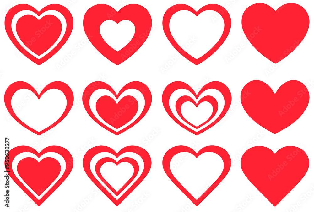 Set of hearts in red color, Red heart icons set vector Set of hearts in red color, Red heart icons set vector