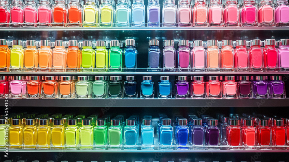 A vibrant display of colorful nail polish bottles arranged in a rainbow pattern in a beauty store during daylight hours A vibrant display of colorful nail polish bottles arranged in a rainbow pattern in a beauty store during daylight hours