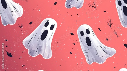 This image features several cartoon-style ghosts with big, oval eyes and open mouths, floating on a red background with small bats, adding a spooky touch. photo