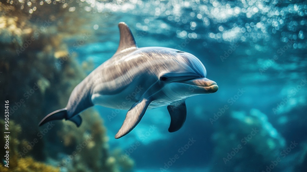 Naklejka premium Dolphin swimming underwater in clear ocean 