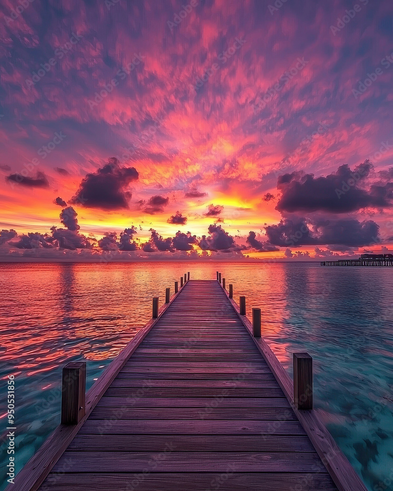 Fototapeta premium A scenic view of a wooden pier stretching out into the ocean under a stunning sunset sky filled with vibrant colors, providing a sense of peace and tranquility.