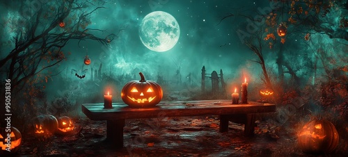 Spooky Halloween Pumpkin Scene with Full Moon and Graveyard AI generated illustration