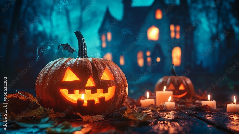 Spooky Halloween Night with Pumpkins and Candles. AI generated illustration Spooky Halloween Night with Pumpkins and Candles. AI generated illustration