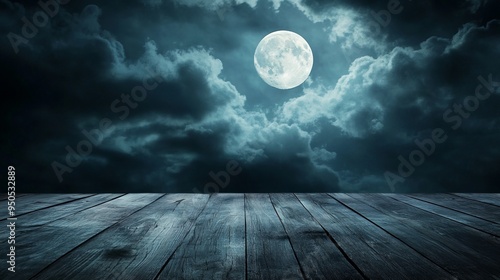 Halloween Background with Old Wooden Table and Dark Sky. AI generated illustration