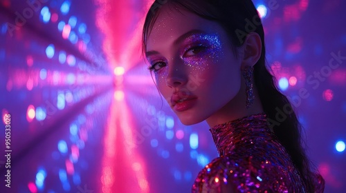 high fashion spectacle statuesque model struts down mirrored runway avantgarde outfit reflecting kaleidoscopic lights creating a mesmerizing display of art and fashion