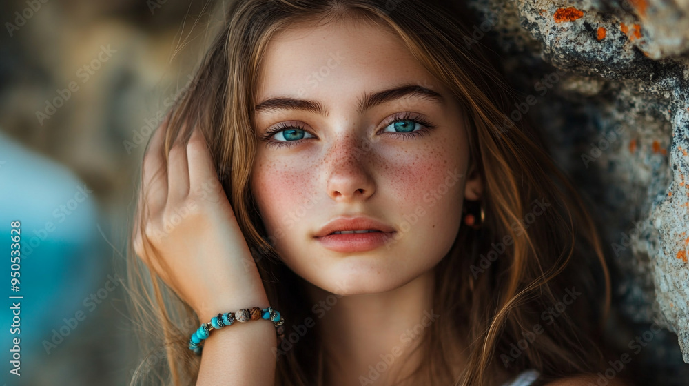 Young girl with mesmerizing blue eyes and natural beauty posed against a rocky backdrop by the sea in soft afternoon light Young girl with mesmerizing blue eyes and natural beauty posed against a rocky backdrop by the sea in soft afternoon light