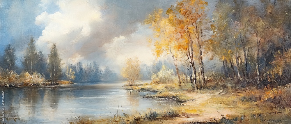 Fototapeta premium Riverbank in the 17th Century - Vintage Art. AI generated illustration