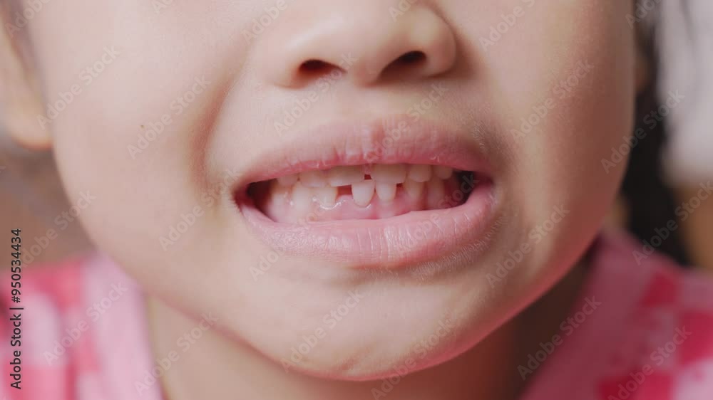 Slow motion 4K. Close-up child's mouth Show a loose tooth. A beautiful little girl 6-7 years old has a loose tooth, replacement of permanent teeth, dentistry. Slow motion 4K. Close-up child's mouth Show a loose tooth. A beautiful little girl 6-7 years old has a loose tooth, replacement of permanent teeth, dentistry.