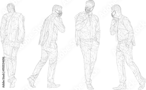 Vector silhouette illustration sketch design image of young executive office worker employee wearing mask to avoid virus