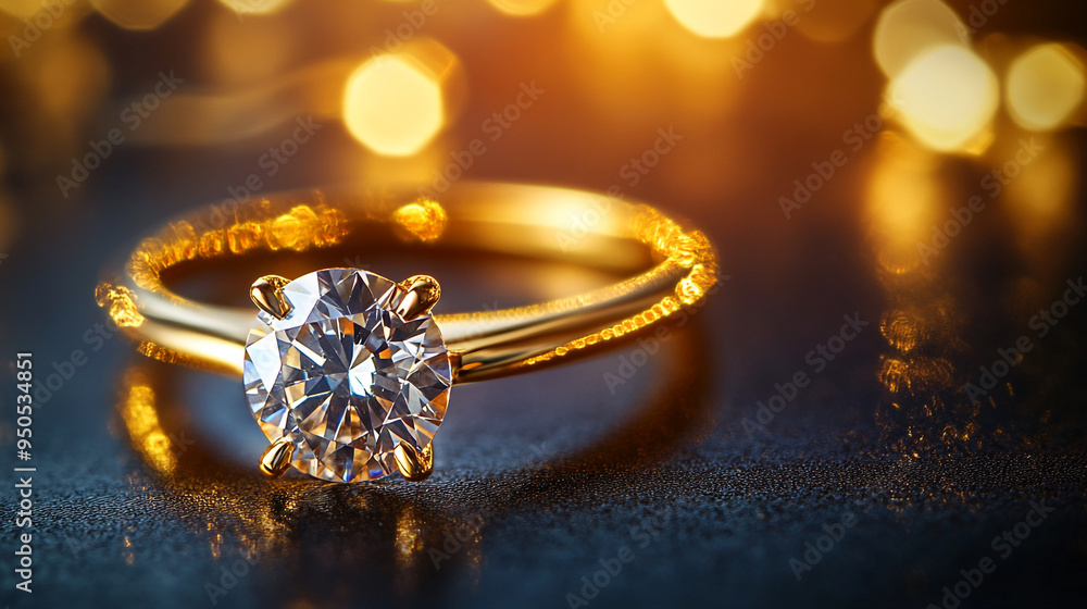 A close-up of a sparkling diamond engagement ring on a dark surface with warm bokeh lights in the background A close-up of a sparkling diamond engagement ring on a dark surface with warm bokeh lights in the background
