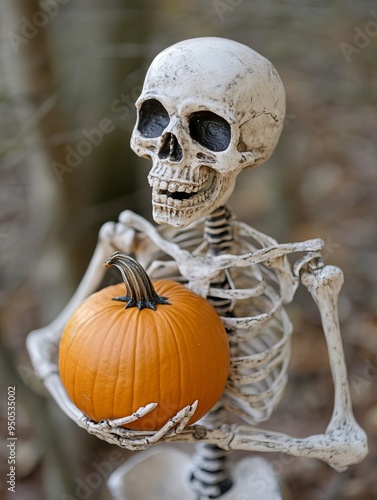 Skeleton Holding Pumpkin. AI generated illustration