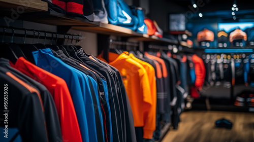 A vibrant display of athletic apparel in a well-organized retail store showcasing various colors and styles of sportswear photo