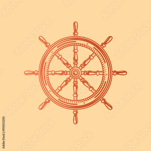 Wooden steering wheel. Old steering wheel with handles for steering a pirate boat and a cruise yacht. Original vector illustration in vintage style isolated on light background. T-shirt design.