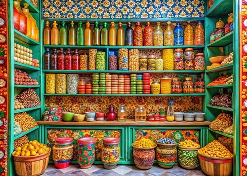 Vibrant shelves stocked with assorted snacks, beverages, and sundries in a colorful Indian convenience store, with intricate patterns and textures adorning the walls. photo