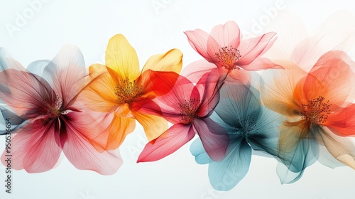 Beautiful abstract arrangement of transparent flowers, overlapping in vibrant colors on a dynamic white-light grey background