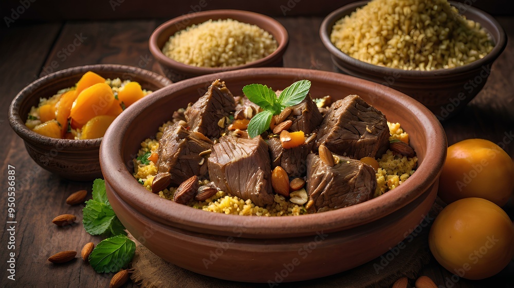 A Moroccan dish of slow-cooked lamb with apricots, almonds, and spices, served in a traditional conical clay pot with a side of couscous and garnished with fresh mint A Moroccan dish of slow-cooked lamb with apricots, almonds, and spices, served in a traditional conical clay pot with a side of couscous and garnished with fresh mint